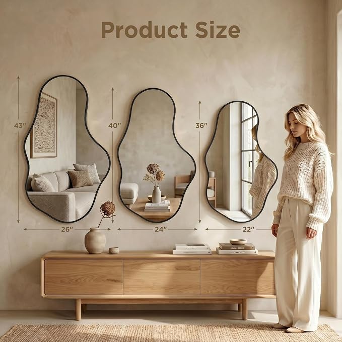 Irregular Wall Mirror, 26"x43" Black Abstract Asymmetrical Mirrors for Wall, Decorative Cloud Aesthetic Mirror for Bathroom, Bedroom, Cloakroom, Entryway, Shatter-Proof Aluminum Alloy Frame