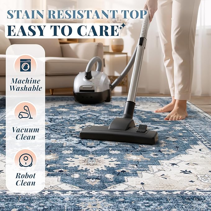 Area Rug 5x7 Vintage Rug: Washable Indoor Medallion Rugs Low Pile Distressed Floor Carpet Retro Accent Rug for Living Room Bedroom Kitchen Dining Table Home Office(Blue, 5'x7')