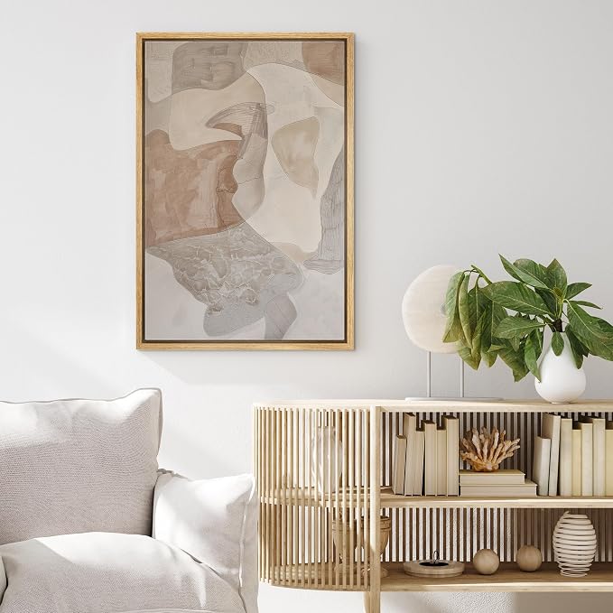 MUDECOR Framed Canvas Print Wall Art Soft Neutral Organic Shapes Abstract Illustrations Fine Art Mid-Century Modern Multicolor for Living Room, Bedroom, Office - 24"x36" NATURAL