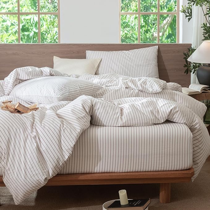 MooMee Striped Duvet Cover Set 100% Washed Cotton Linen Like Textured Breathable Durable Soft Comfy (White Orange Wide Stripes, King 104"x90")