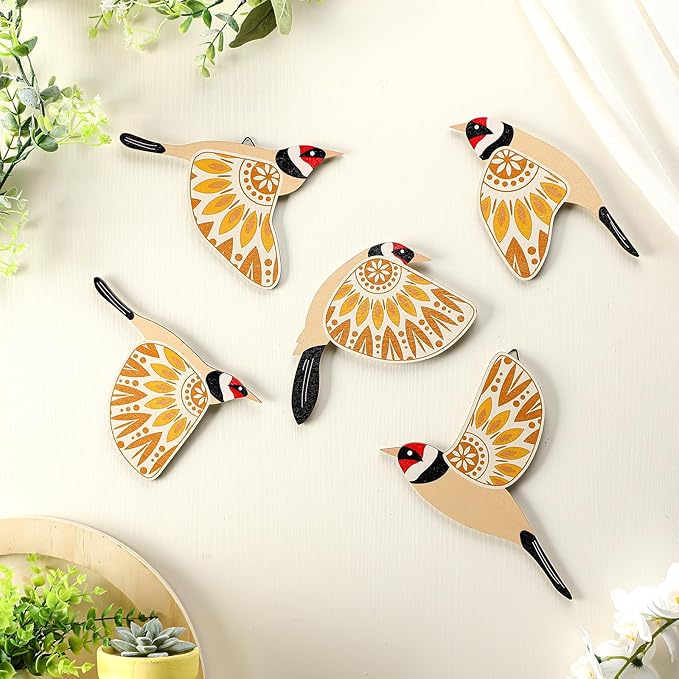 Barydat 5 Pcs Wooden Bird Wall Art Wood Flying Birds Wall Decor Rustic Folk Art Scandinavian Home Decor for Gift Living Room Bedroom Kitchen Office(Yellow)