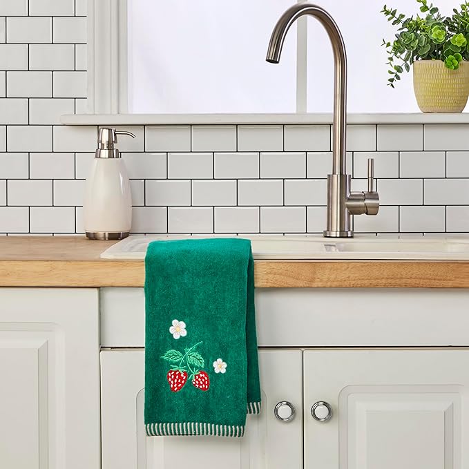SKL Home Strawberry Vine 100% Cotton Embroidered 2pc Hand Towel Set, Decorative for Bath/Kitchen/Bar & Gift, Green