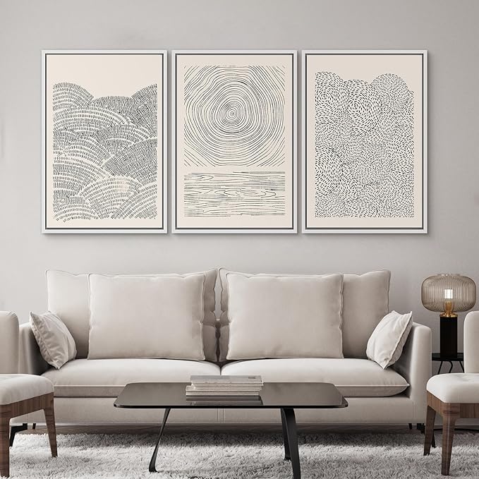 SIGNWIN Framed Canvas Print Wall Art Set Geometric Spiral Ring Wave Pattern Abstract Shapes Cozy Neutral Modern Art Decorative Contemporary Minimal for Living Room, Bedroom, Office - 16"x24"x3 White