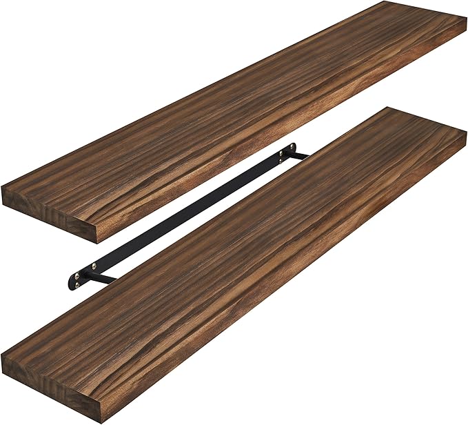 Sorbus Wood Floating Shelves for Wall - 35” Solid Wood Wall Shelves for Bathroom Decor, Books, Bedroom & Living Room - Set of 2 Walnut Wall Mounted Kitchen Shelves - Durable Solid Pine