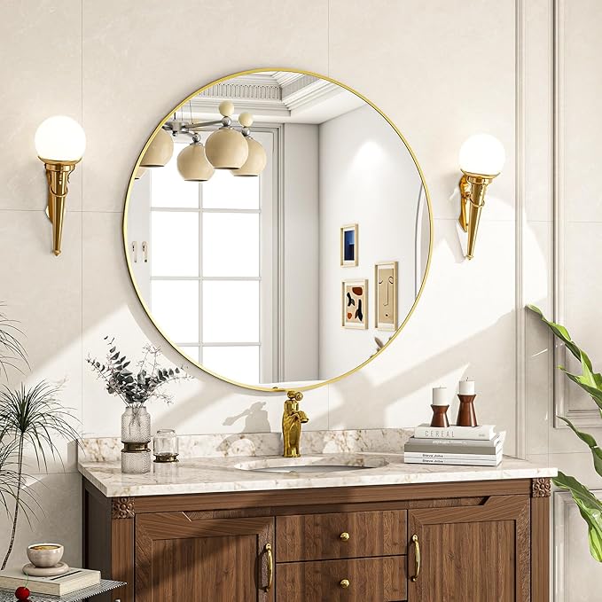 Round Mirror Wall Mounted Mirror - 28" Circle Mirror Bathroom Vanity Mirror with Aluminum Frame for Bedroom Living Room, Entryway Decor Gold Mirror