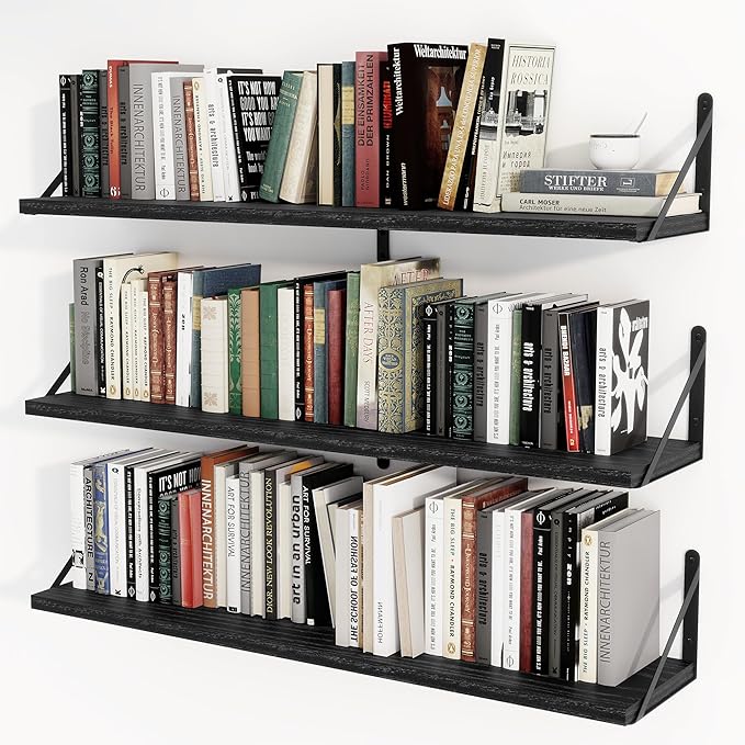 Heimlove Floating Book Shelves for Wall,35.4 Inches Long Wall Mounted Bookshelves,Heavy Duty Bracket Shelves for Living Room Kitchen,Laundry Room Storage & Decor,Set of 3,Black
