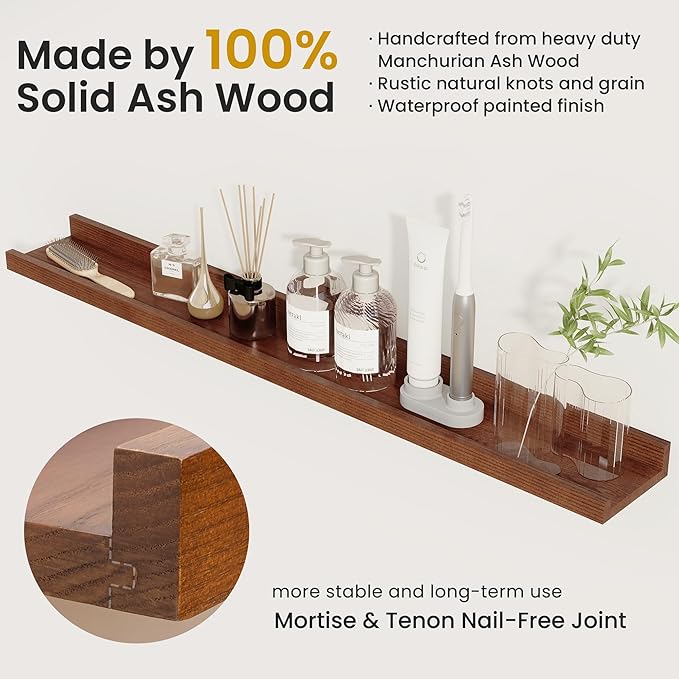 Solid Ash Wood Picture Ledge Shelf, 36 Inch Floating Shelves with Lip Set of 2, Photo Ledge Shelf Nursery Bookshelf Wall Mounted for Living Room Bedroom Decor, Walnut