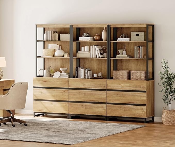 WAMPAT 3 PCS Modern 72" Tall Bookcase with 9 Drawers and Open Book Shelfs, Library Book Shelf with Storage Cabinet and Metal Base, Wood Freestanding Bookshelves for Home Office, Living Room, Oak