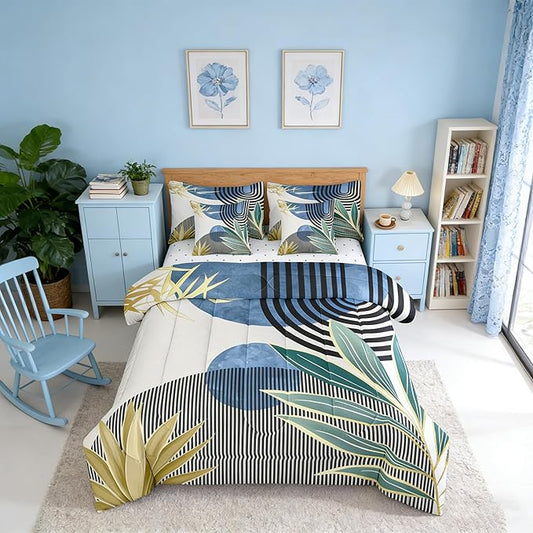 Erosebridal Mid Century Modern Bedding Sets King Modern Boho 7 Piece Comforter Set,Abstract Minimalist Art Bed in a Bag Arch Curve Leaves Aesthetic Sheet Set with Comforter,Blue Green