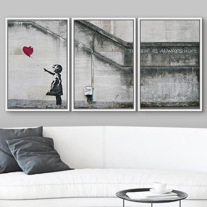 wall26 - 3 Piece Framed Canvas Wall Art - There is Always Hope - Girl and Red Heart Balloon - Street Art - Guerilla - Modern Home Art Stretched and Framed Ready to Hang - 16"x24"x3 White