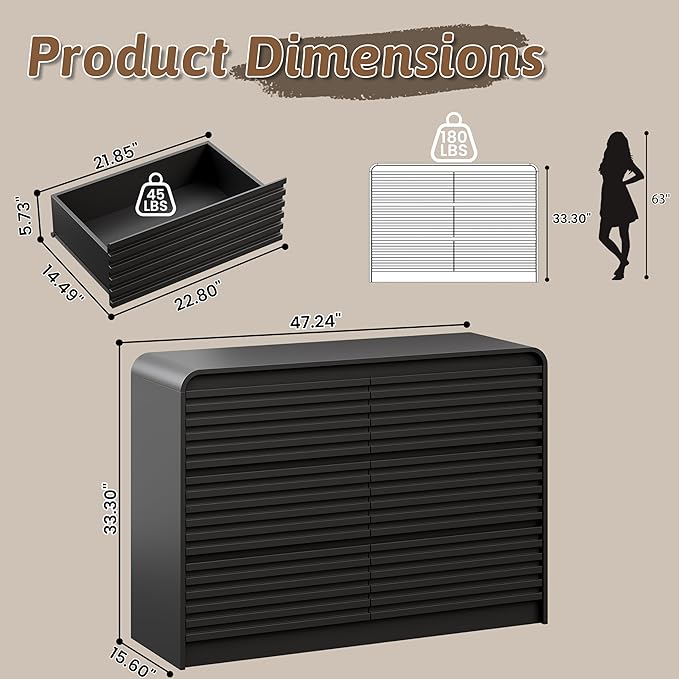 Fluted 6 Drawer Dresser for Bedroom, 47" Wide Wood Chests of Drawers with Curved Profile, Mid Century Modern Dresser with Large Storage & Hidden Handle for Living Room, Hallway, Black