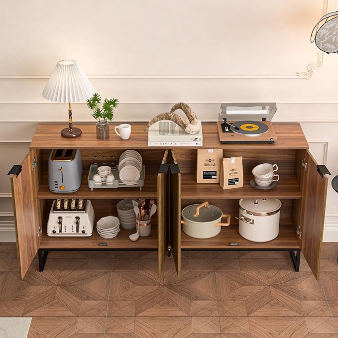 Fluted Accent Storage Cabinet, Kitchen Sideboard Buffet with 4 Fluted Doors, Adjustable Shelves for Living Room, Dining Room, Hallway (Walnut)