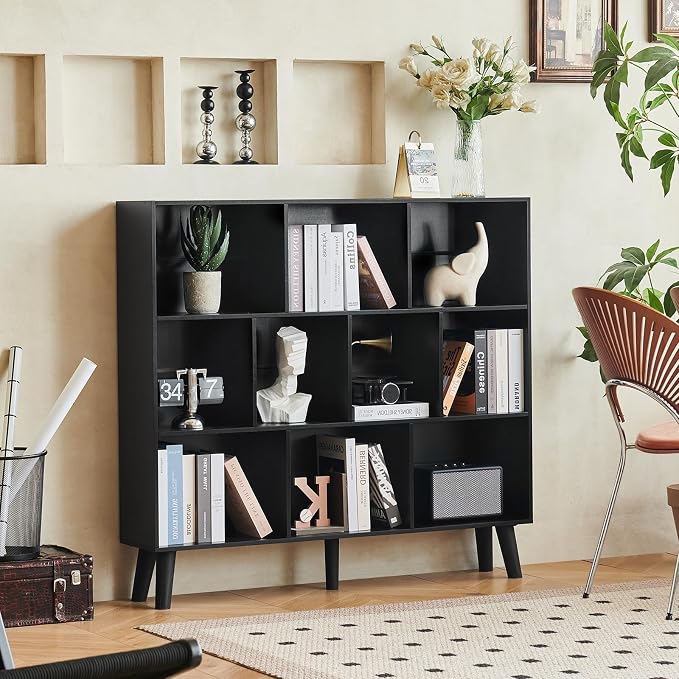 LEYAOYAO 10 Cube Bookshelf,3 Tier Modern Wide Bookcase with Legs,Mid-Century Wood Bookshelves Storage，Black Large Book Case,Freestanding Organizer Display Shelf for Bedroom,Living Room,Office