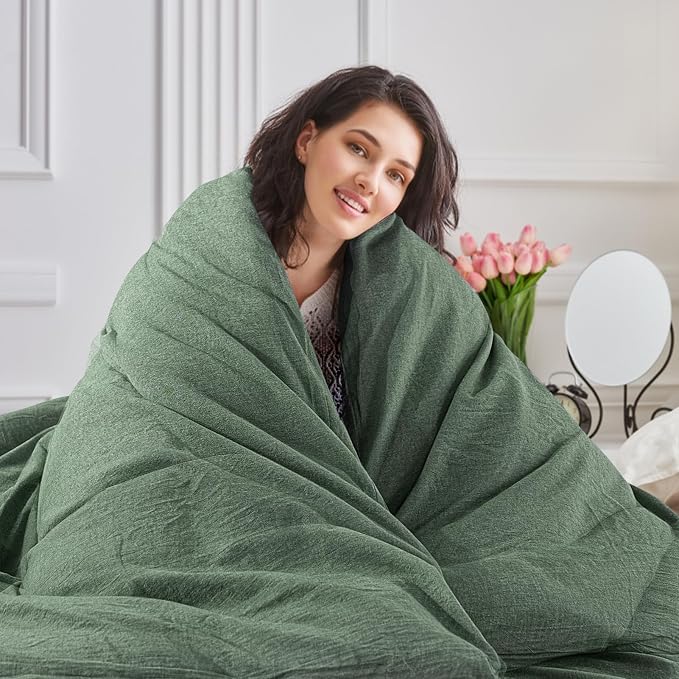 NEXHOME PRO Duvet Cover Queen 100% Washed Cotton, Organic Natural Linen Like Textured, Breathable, Durable, Home Bedding Set, Heathered Green 10490
