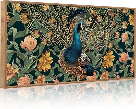 HLNIUC Peacock Wall Art Canvas,Vintage Animal Wall Art Flower,Peacock Artwork Framed,Animal Feather Artwork,Elegent Peacocks Poster Floral,Green Gold Peafowl Painting for Living Room,Home Office 20*40