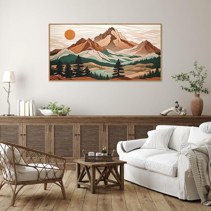 Tinonedraw Mountain Framed Canvas Wall Art, Sunrise Forest Woodland Landscape Art Prints, Boho Ridge Scenery Wall Decor, Wood Pine Wilderness Art Paintings for Living Room Bedroom Office 20"x40"