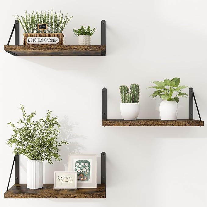 Heimlove Floating Shelves for Wall Set of 3,Light Wood Wall Mounted Bookshelf Decorative Shelf for Living Room Bathroom Bedroom Kitchen Laundry Pictures Plants Books Cats TV,Rustic Brown