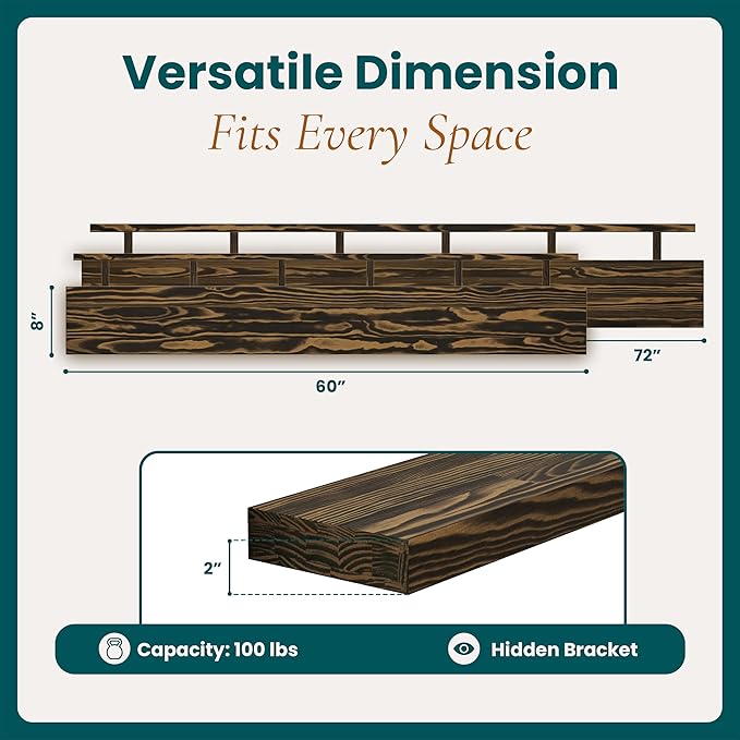 Howizz 72'' Pine Wood Floating Shelf for Wall, Rustic Wall Mounted Wooden Shelf with Invisible Brackets, Fireplace Mantel Shelf for Living Room, Bedroom, Bathroom & Home Decor, Dark Brown, 1 Pcs
