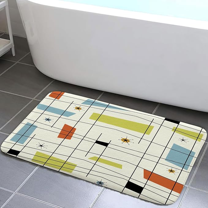 Mid Century Kitchen Rug Bath Rug, Aesthetic Abstract Geometric Mid Century Bath Mat Rug, Teal Blue Retro Grid Starbursts 1950S 1960S Modern Minimalist Floor rug mat for Kitchen/Bathroom,17X29Inch