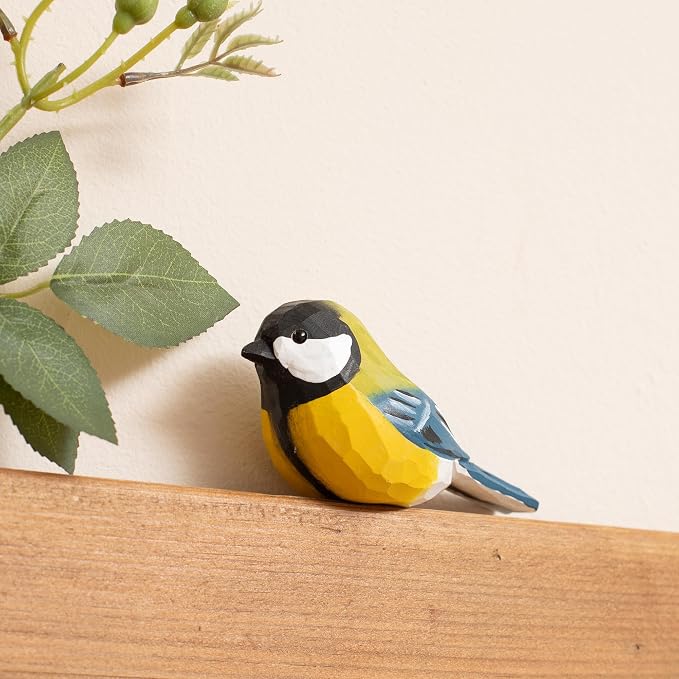 Handcrafted Wooden Eurasian Great Tit Bird Figurine, Hand-Carved Bird Statue, Decorative Bird Sculpture for Home Décor, Collectible Display Accent