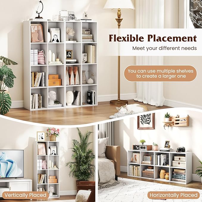 Tangkula 8-Cube Bookcase, Large Floor Standing Horizontal Bookshelf with 8 Open Shelves & 2 Anti-Tipping Kits, Home Office Wooden Storage Book Shelf for Living Room, Study (White, 8-Cube)