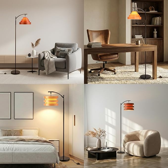 O’Bright Strata Wooden Floor Lamp - Mid Century Modern Standing Lamp with Layered Wood Shade, Tall Reading Lamp for Living Room, Bedroom, Office, Black, Light Oak, Cascade Shade