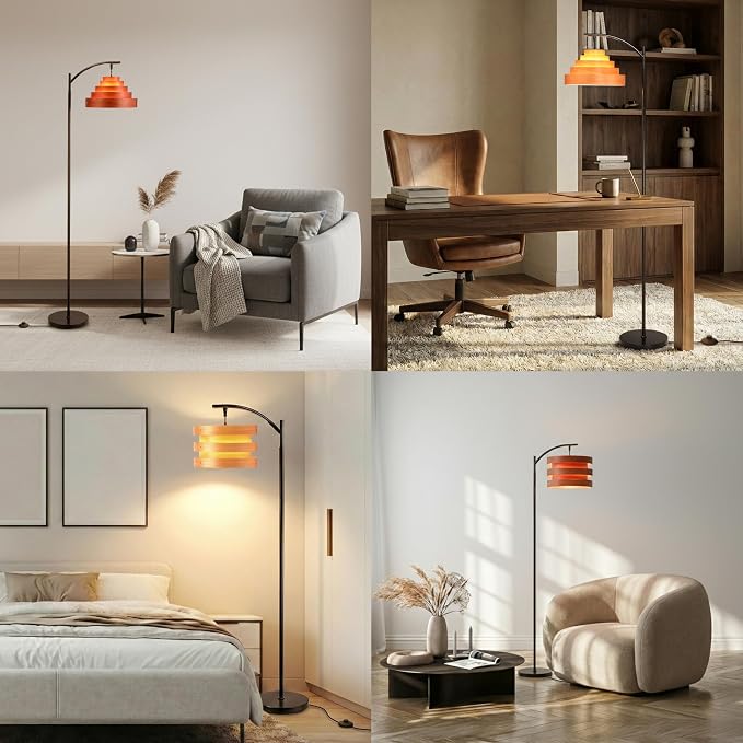 O’Bright Strata Wooden Floor Lamp - Mid Century Modern Standing Lamp with Layered Wood Shade, Tall Reading Lamp for Living Room, Bedroom, Office, Black, Dark Oak, Cascade Shade