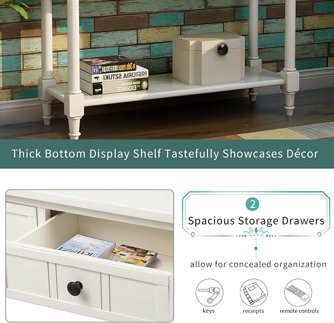 35.43” Console Table with Drawers & Bottom Open Shelf, Rustic Entryway Table with Storage, Ivory White