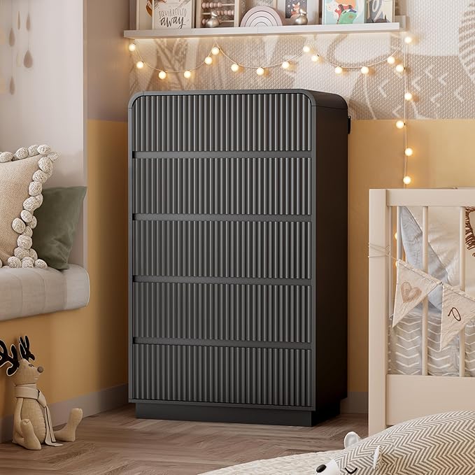 Black Dresser Fluted Tall 5 Drawer Dresser for Bedroom, Wood Chest of Drawers with Hidden Handles & Rounded Corners, Modern Storage Cabinet and Organizer Drawers for Living Room, Hallway