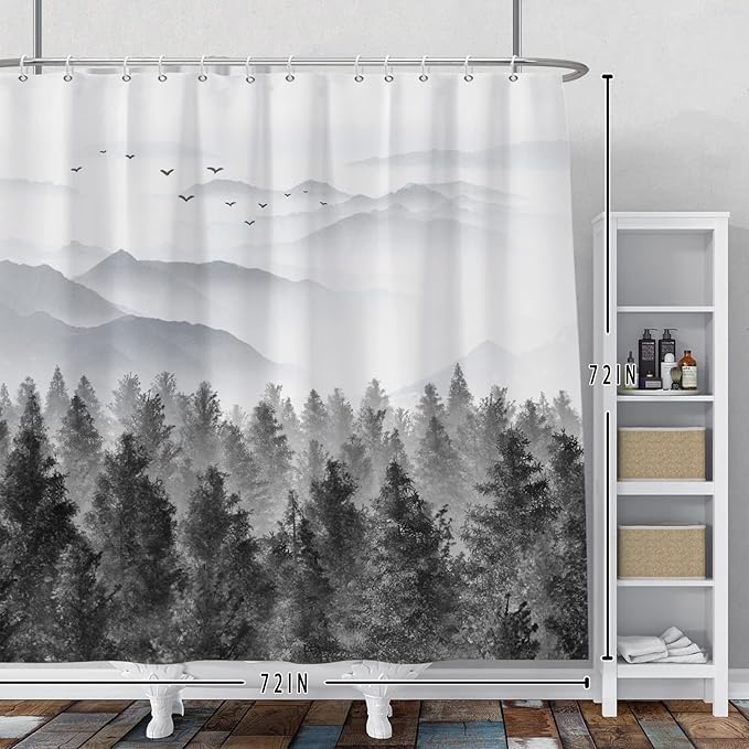 Baocicco Grey Forest Mountain Shower Curtain Watercolor Misty Forest Nature Tree Mountain Landscape Shower Curtains for Bathroom Waterproof Fabric Shower Curtain with Hooks 72x72 Inches
