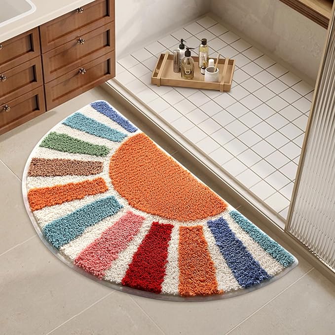 Moutina Boho Bathroom Rugs Cute Half Circle Bath Mat 16x30 Inch, Soft and Absorbent Tufted Bohemian Sun Bath Mat Non Slip Washable, Boho Bathroom Decor Rug Colorful Decorations