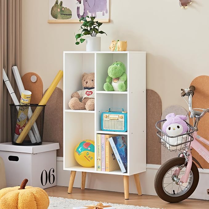 LEYAOYAO 5 Cube Bookshelf 3-Tier Bookcase with Legs,Mint White Kids Book Shelf Cute Storage Organizer,Free Standing Open Toy Shelves Wood Bookshelves,Display Bookcases for Bedroom,Living Room,Nursery