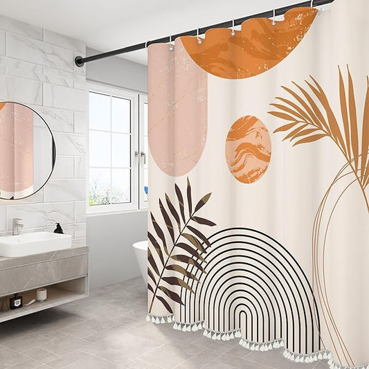 Boho Mid Century Leaf Shower Curtain Set,Arch Sun Design,Minimalistic Leaves Pattern,Waterproof and Luxurious Fabric-12 Hooks(Orange-72" x 96")