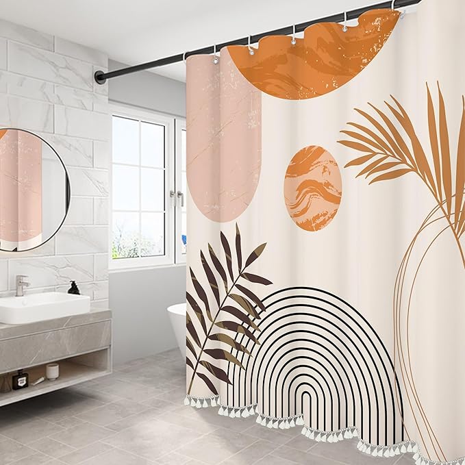Boho Mid Century Leaf Shower Curtain Set,Arch Sun Design,Minimalistic Leaves Pattern,Waterproof and Luxurious Fabric-12 Hooks(Orange-72" x 72")