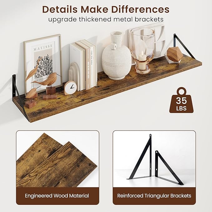Axeman 48 Inch Floating Shelves | 10 Inch Deep Brown Wall Shelves Set of 2 | 48" W x 10" D Rustic Brown Floating Shelves for Living Room Bathroom Kitchen