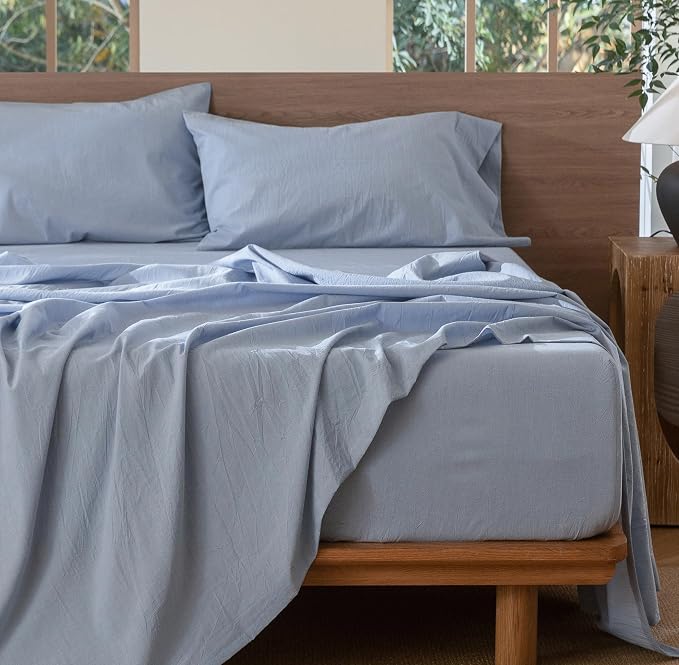 MooMee Bedding Sheet Set 100% Washed Cotton Linen Like Textured Breathable Durable Soft Comfy (Heathered Cornflower Blue, King)