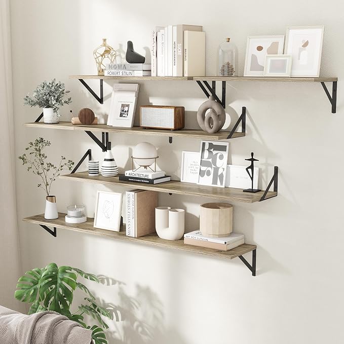 Floating Shelves for Wall,48" Wx8 D Wood Wall Shelves,Hanging Storage Floating Shelf with Metal Brackets,Wide Floating Bookshelf for Living Room,Office,Bedroom,Bathroom,Set of 2,Grey