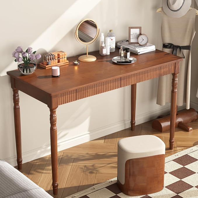 Solid Wood Desk with Drawers - 48 Inch Mid Century Modern Writing Desk,Simple Study Table Home Office Desks for Small Spaces,Easy Assembly Desks for Bedroom, Living Room&Office-Walnut Color