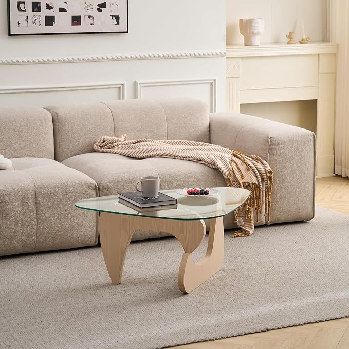 35.8'' Modern Glass Coffee Table with Geometry Base, Triangle Shape Coffee Table for Living Room Office, Natural Oak Finish Wood Base, Mid-Century Style Cocktail Center Table for Small Space