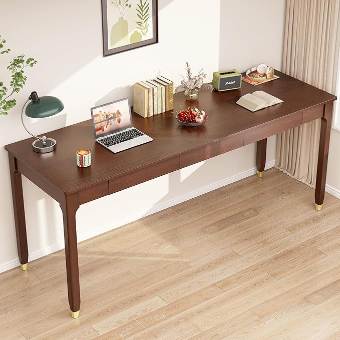 63 Inch Long Solid Wood Desk with Drawers - Mid Century Modern Office Desks, Executive Computer Desk for Two People, 2 Person Desk|Gaming Writing Study Table for 2 Monitors-Dark Walnut