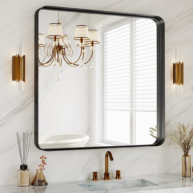 36 Inch Brushed Nickel Bathroom Mirrors for Over Sink, Rounded Rectangle Black Vanity Mirror, Farmhouse Mirror for Wall, HD Tempered Glass, Anti-Rust Mirror,Hangs Horizontally or Vertically