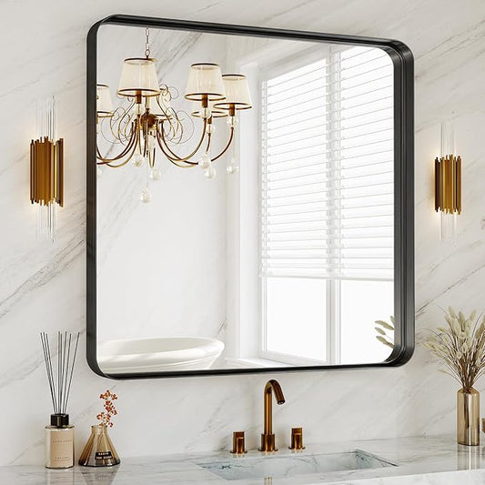 36 Inch Brushed Nickel Bathroom Mirrors for Over Sink, Rounded Rectangle Black Vanity Mirror, Farmhouse Mirror for Wall, HD Tempered Glass, Anti-Rust Mirror,Hangs Horizontally or Vertically