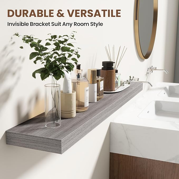 24 Inch Floating Shelves for Wall 2 Pack, 24" Wall Shelves for Books, Storage, Decor, Wall Mounted Floating Shelf with Invisible Brackets for Kitchen, Living Room, Gray
