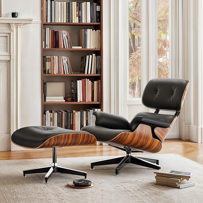 Top Black PU Leather, Mid Century Chaise Lounge Chair and Ottoman, Modern Chair Classic Design, Palisander Wood, Heavy Duty Base Support for Living Room Office
