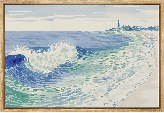 MUDECOR Framed Canvas Print Wall Art Coastal Wave Illustration with Lighthouse Nautical Illustrations Minimalism Decorative Bohemian Colorful Zen for Living Room, Bedroom, Office - 16"x24" NATURAL