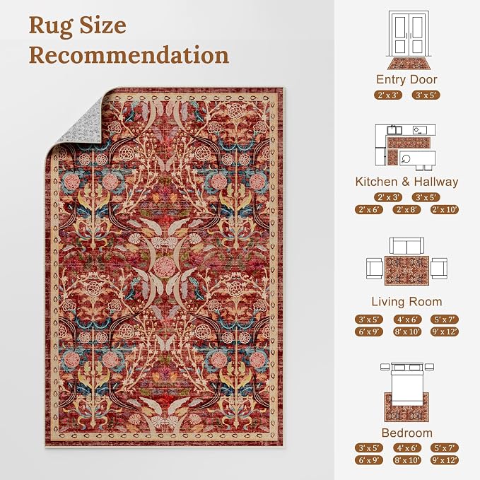 AMTOVO 8x10 Washable Area Rugs for Living Room, Non-Slip Large Soft Boho Floral Accent Rug, Vintage Pattern Printed Carpet for Bedroom Dining Room Farmhouse Nursery Room Home Office, Red