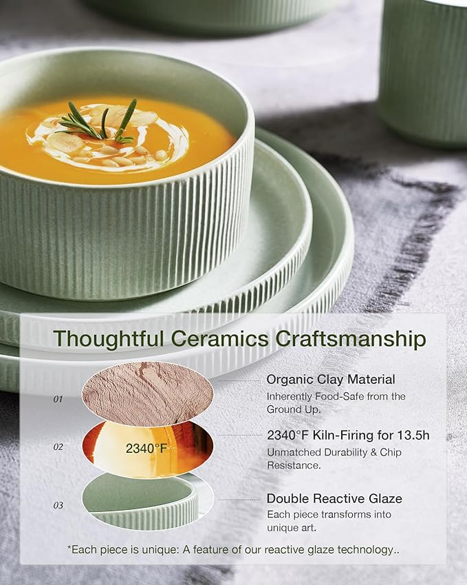 Famiware Star Dinnerware Set with Pasta Bowls, Service for 6 (24 Pieces), Ribbed Stoneware Plates and Double Bowls Sets - Chip & Scratch Resistant, Microwave & Dishwasher Safe Dishes, Matte Sage Green