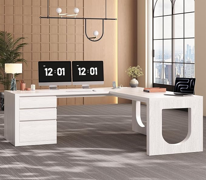 SEDETA Modern L Shaped Desk with 3 Drawers, 63" Executive Office Desk with File Drawer, Wood Corner Computer Desk with U-Shaped Legs & Relief Texture, Home Office Desk with Power Outlet, White