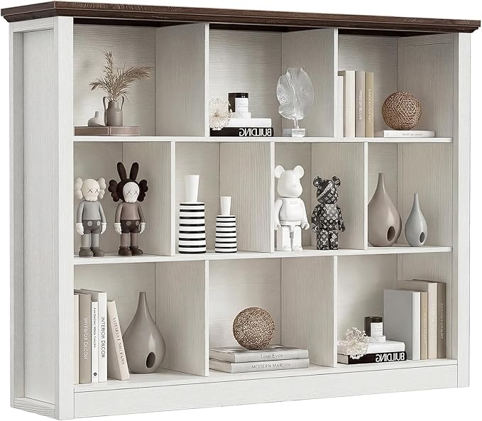 Unikito 10 Cube Storage Book Shelf - 50" Wide Wood Cube Storage Organizer, Wooden 3 Tiers Floor Standing Low Bookcase for Living Room, Bedroom, Home Office, Kids Room, Rustic White and Brown
