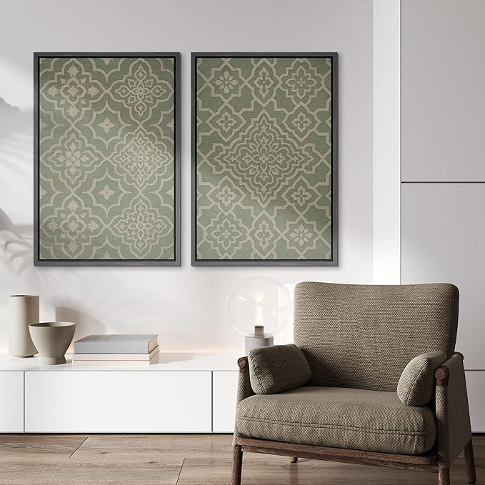 IDEA4WALL Framed Canvas Print Wall Art Set Moroccan Tile Pattern Green and Beige Geometric Illustrations Modern Art Decorative Bohemian Calm/Zen for Living Room, Bedroom, Office - 24"x36"x2 Black